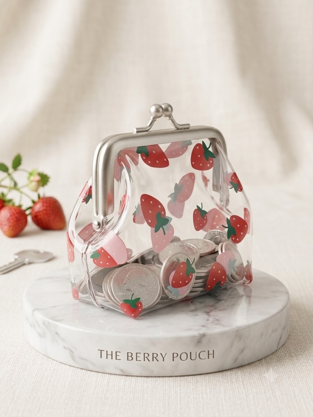 Strawberry Print Clear Kiss-Lock Coin Pouch - Pink/Red